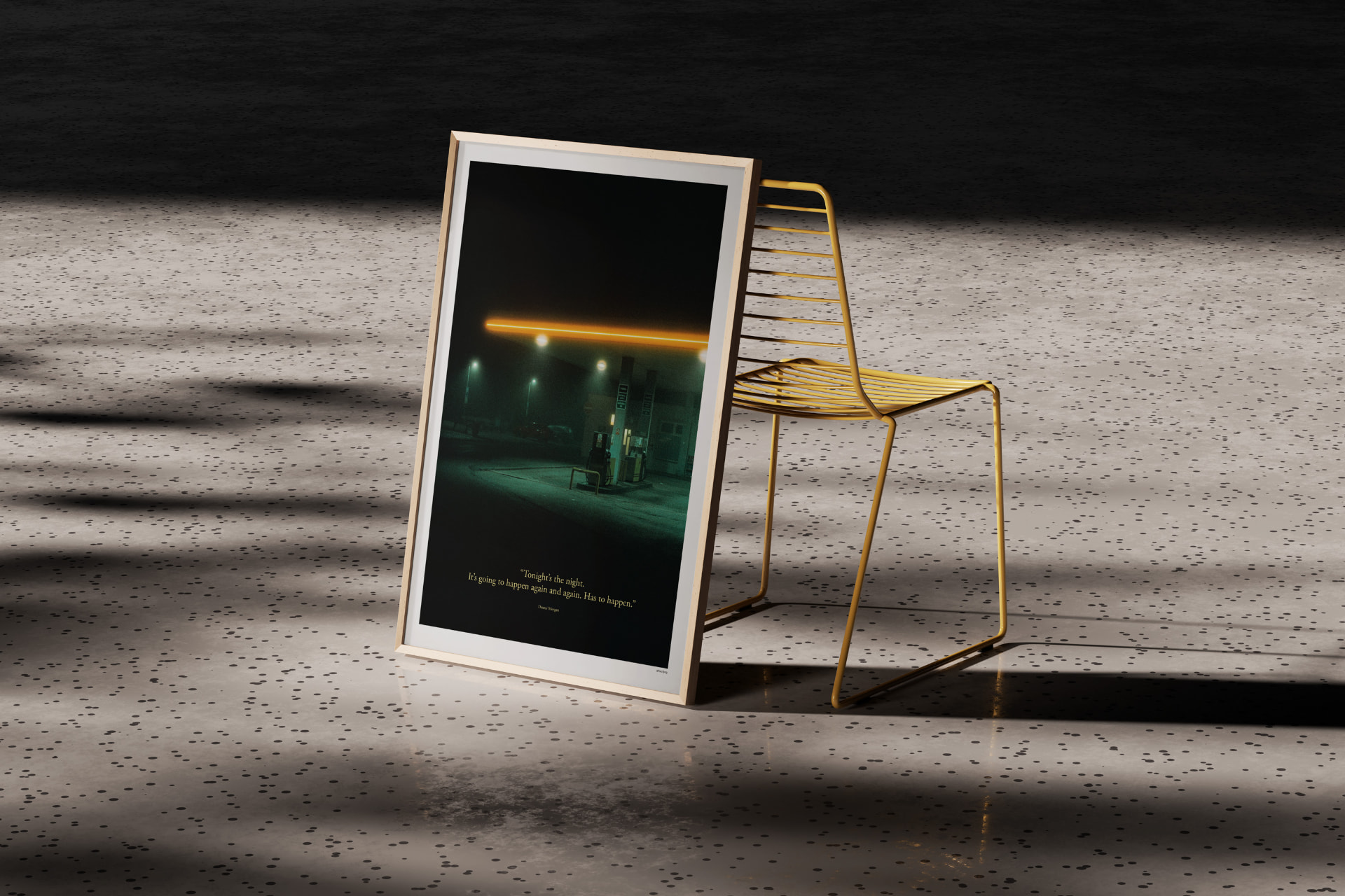 Night petrol station photographic print beside a yellow chair